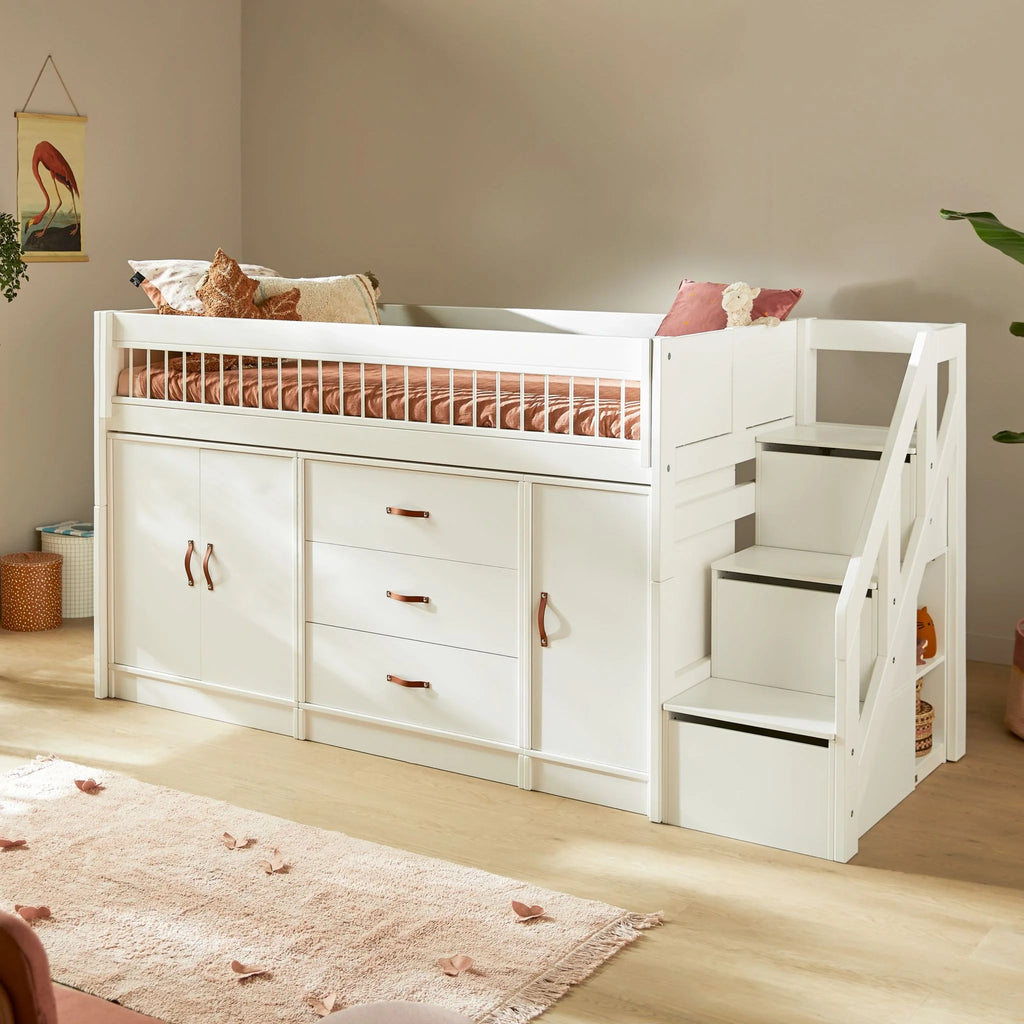 ALL-IN-ONE Semi High Bed with Stepladder in White - Kids Bedroom - Lifetime Kids | Milola