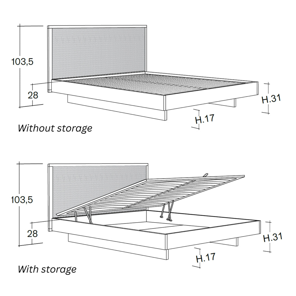 Lit en bois AWASE avec tête de lit tissée