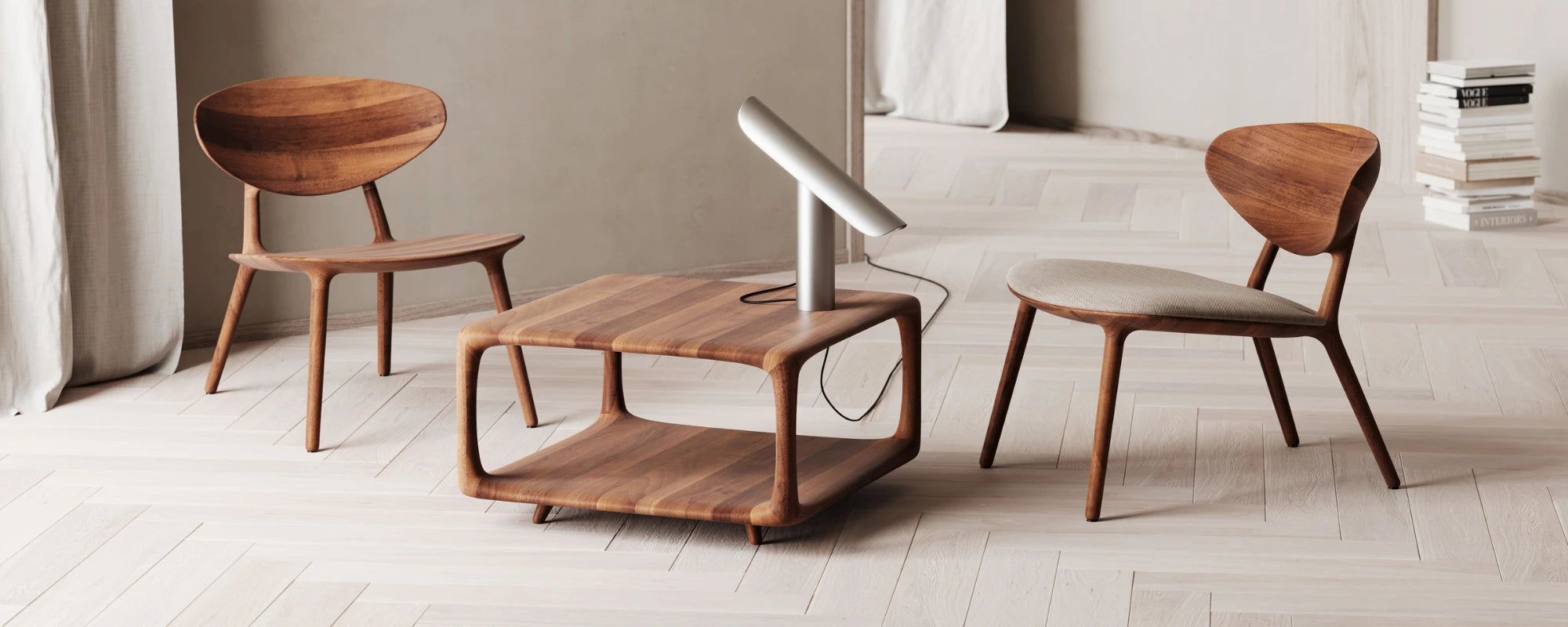 Wooden furniture set with a coffee table and chairs in a minimalistic room.