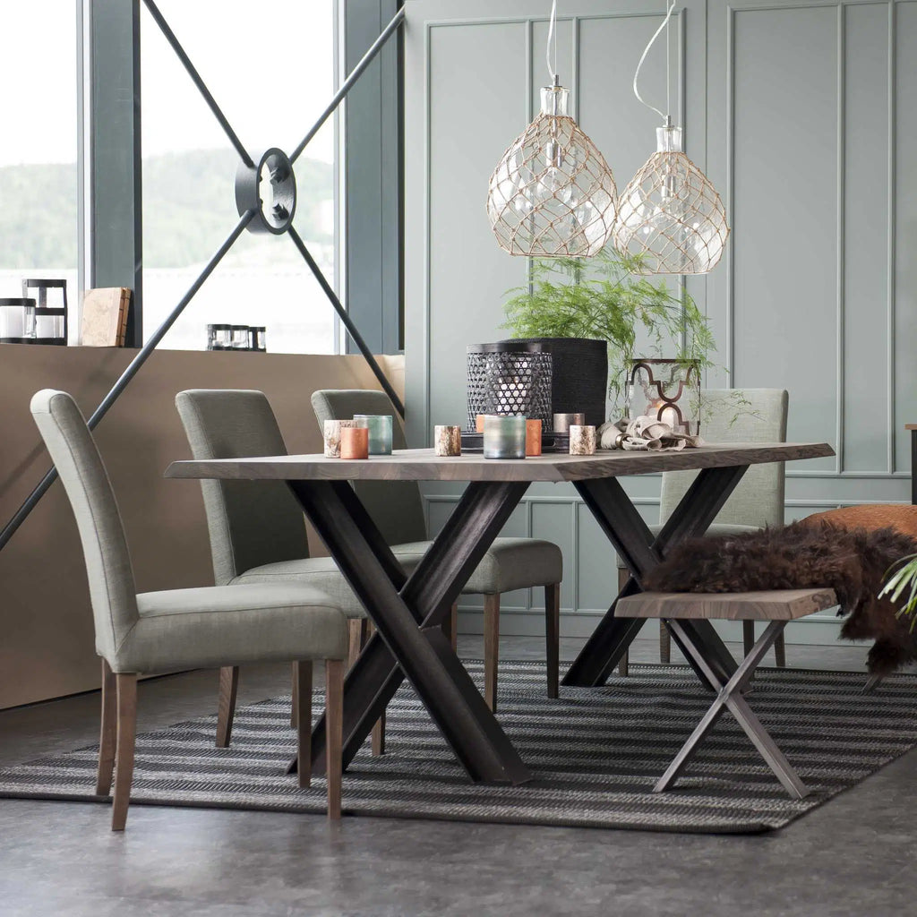 FOREST Solid Wood Dining Table in Mocca Brown - Steel X Legs