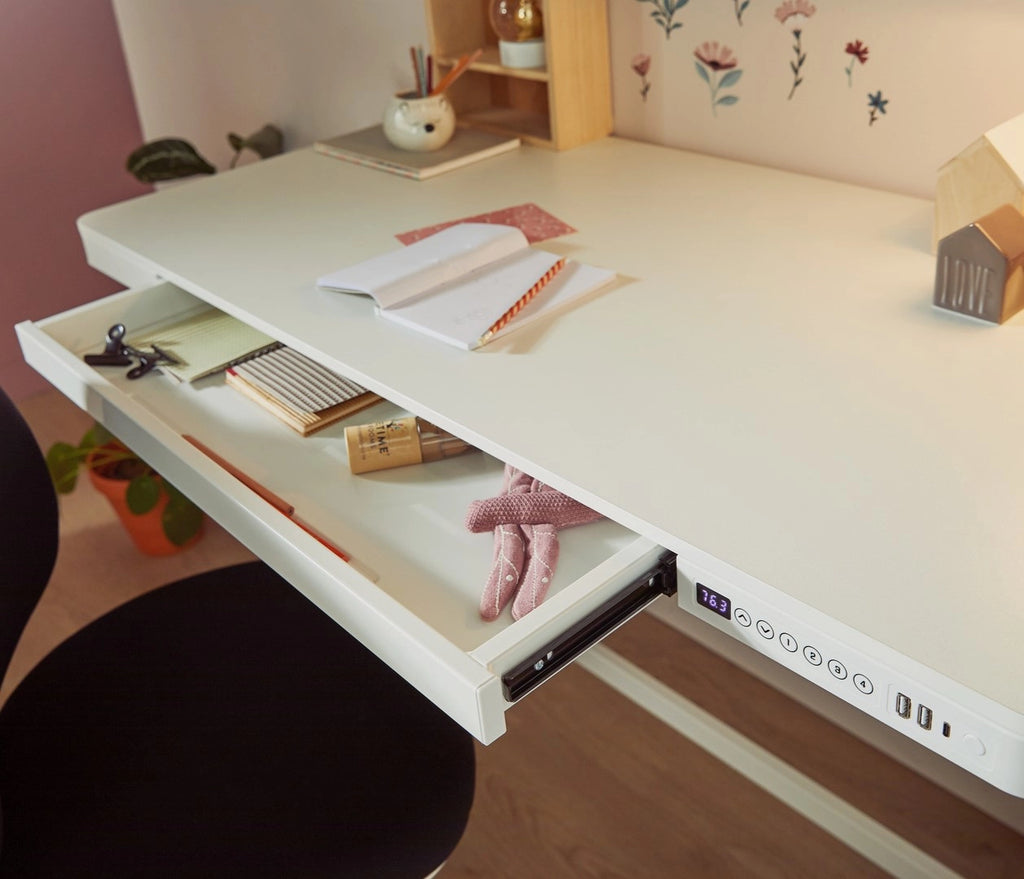 RISE Electrical Adjustable Desk with Drawer and USB - in white - Lifetime Kidsrooms | Milola