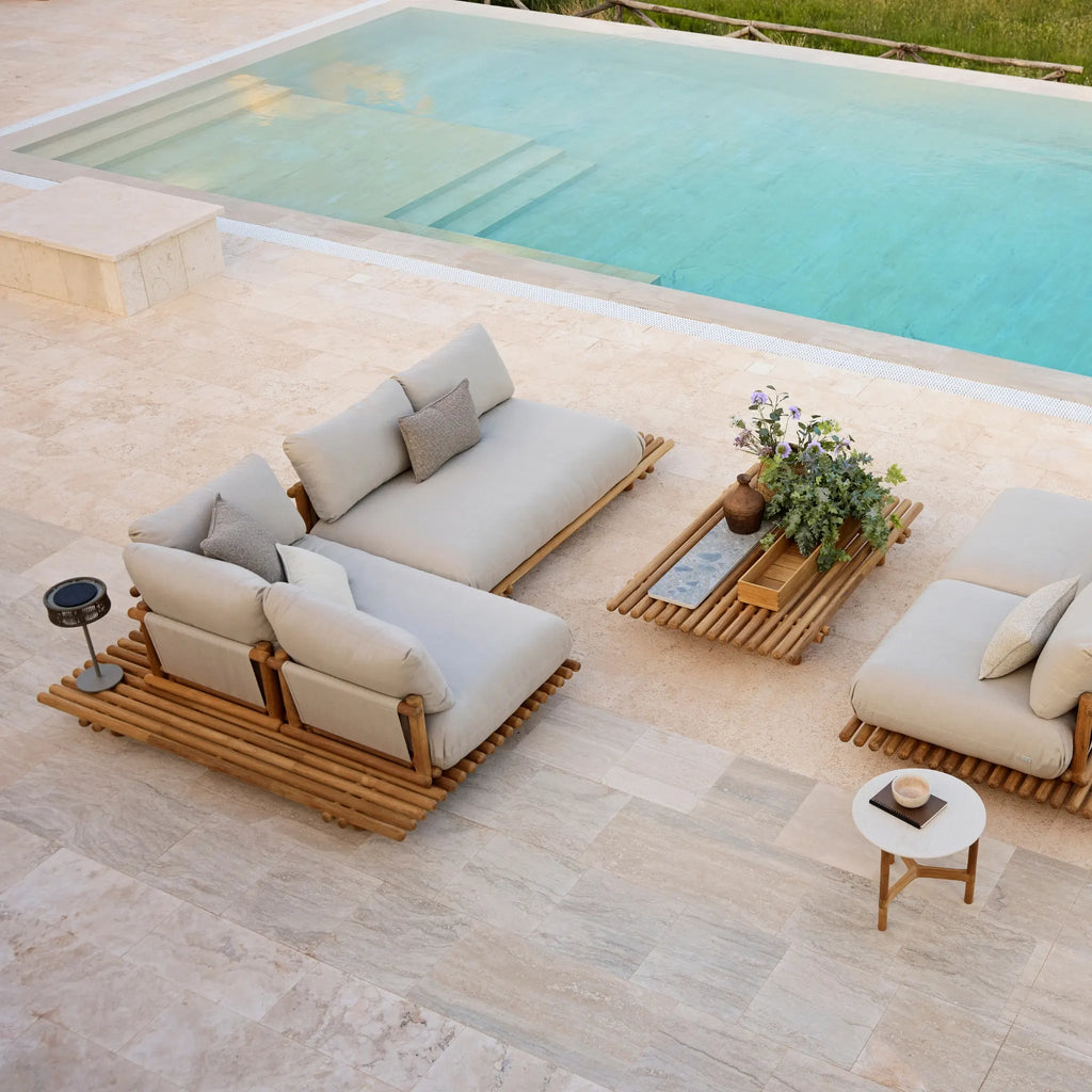 STICKS Outdoor Platform Corner Sofa in Teak with Sand Cushions - Can-Line | Milola