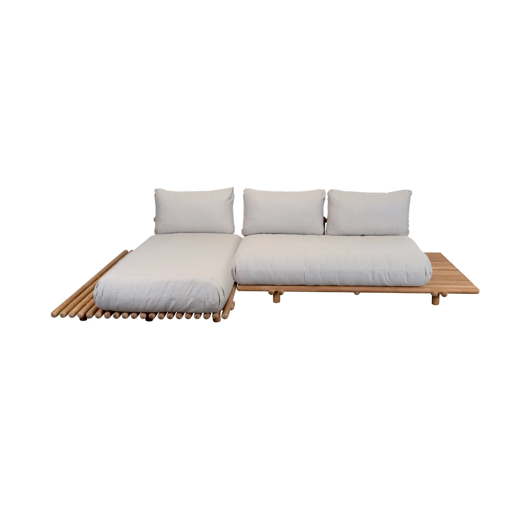 STICKS Outdoor Platform Sofa with Chaise Longue in Teak with Sand Cushions - Cane-Line | Milola