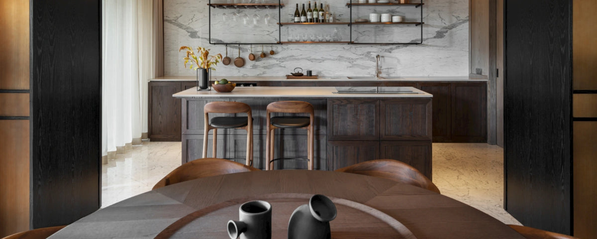 WALNUT DINING TABLES AND DINING CHAIRS IN MODERN KITCHEN