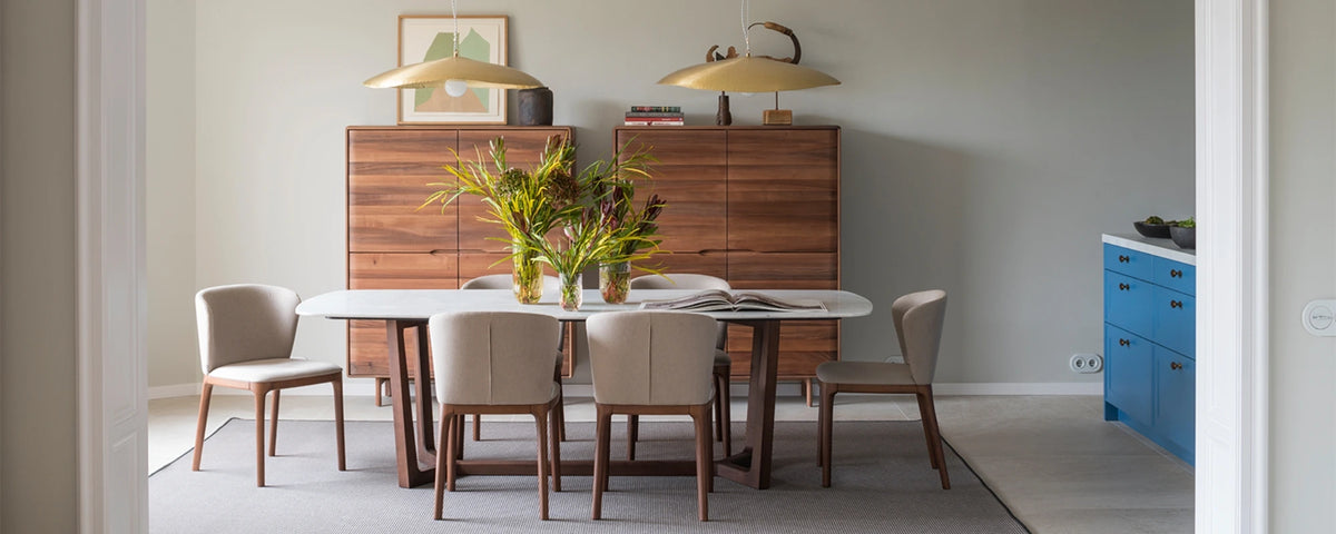 Walnut Highboards and Accents on Dining Space with Blue Accent Furniture